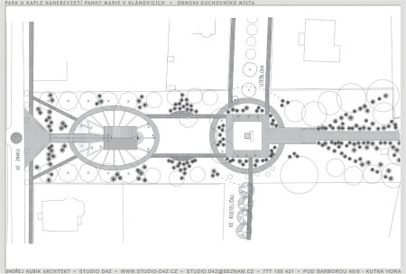 PARK U KAPLE v Klánovicích | Alternativní návrh prostoru s odlišnými nástupy k oběma dominantám.
